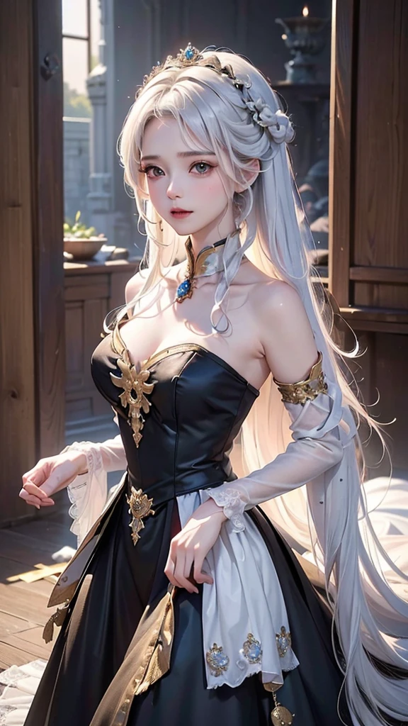 ((masterpiece:1.5,Highest quality,Highly detailed images,Beautiful images、Realistic、Photorealistic、2.5D))(1girl, 独奏)(Adult women、large breasts, white hair, beautiful eyes, Healthy legs、Tight ass、Beautiful cleavage)(Fantasy dresses、Fantasy Clothes、Black battle dress、black dress:1.5, Deep slit)(smile, wind, floating hair)(bright、Soft lighting、Inside the castle、The King's Chamber)