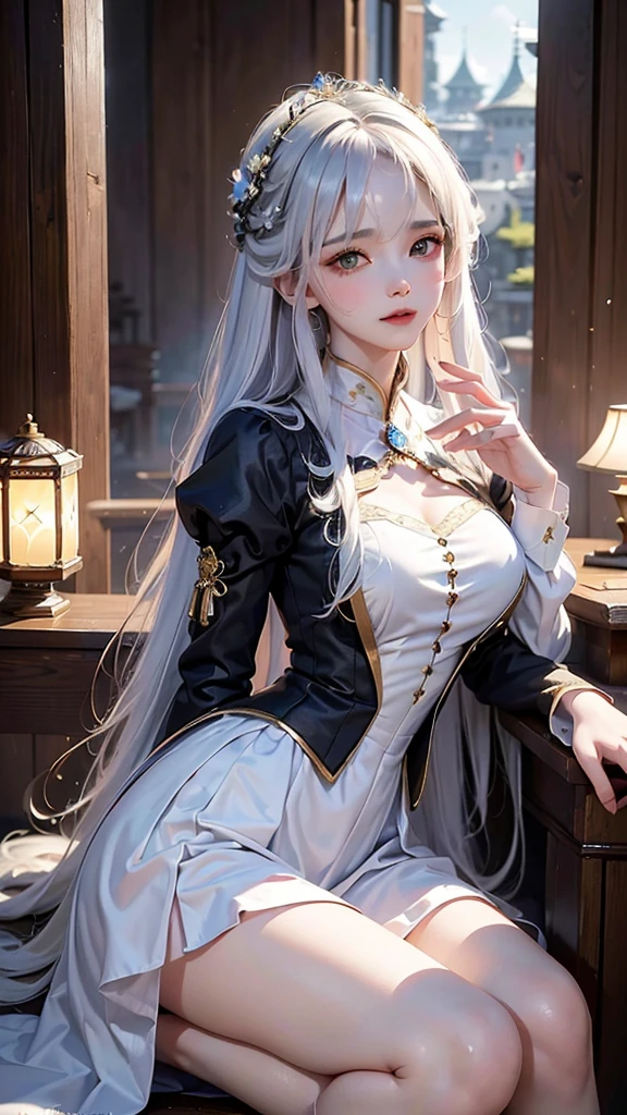 ((masterpiece:1.5,Highest quality,Highly detailed images,Beautiful images、Realistic、Photorealistic、2.5D))(1girl, 独奏)(Adult women、large breasts, white hair, beautiful eyes, Healthy legs、Tight ass、Beautiful cleavage)(Fantasy dresses、Fantasy Clothes、Black battle dress、black dress:1.5, Deep slit)(smile, wind, floating hair)(bright、Soft lighting、Inside the castle、The King's Chamber）
