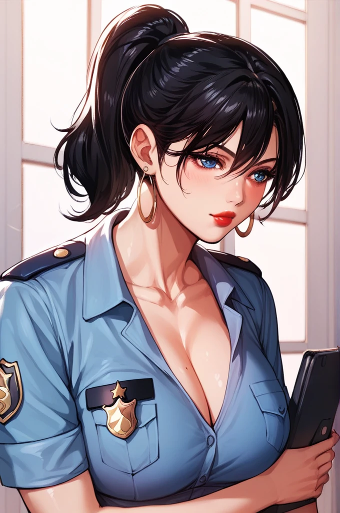 nari , blue eyes, black hair, short hair, big breasts,big silver drop dangle earrings ,hair ponytail , lipstick , police uniform