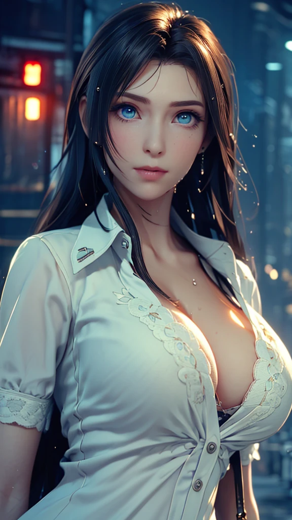 ((Highest quality, 8K, masterpiece:1.3)), sharp:1.2, Beautiful woman with perfect figure:1.4, Slim figure:1.2, ((Layered Hairstyles, Big Breasts:1.3,Cleavage:1.2)), (A long shirt with wet white buttons showing through：1.1），（rain，Street：1.2），get wet：1.5，Highly detailed face and skin texture，Detailed eyes，double eyelid，Glancing sideways at the camera