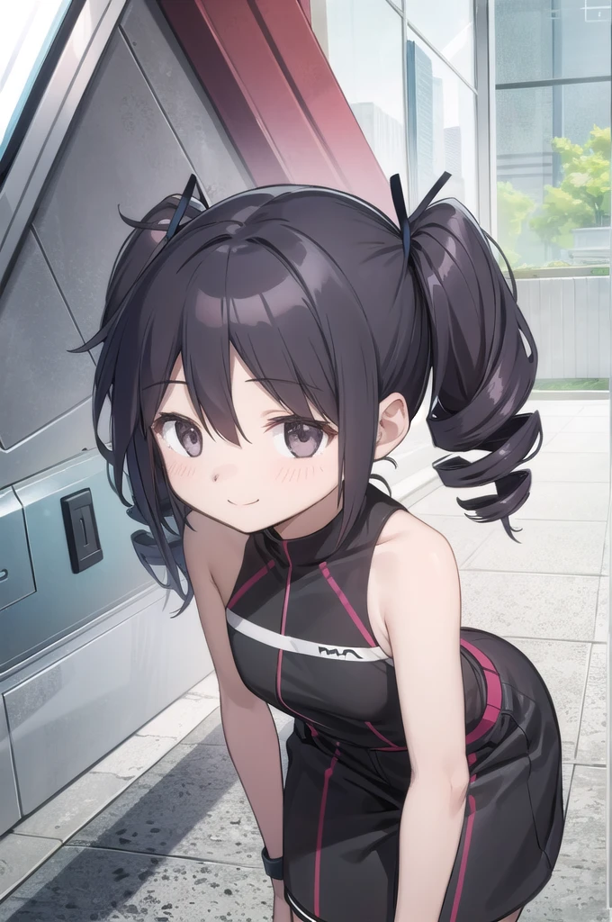 1 girl, black hair, twin drills, white skin, cute 14 year old girl, black and white, cute smile, gray eyes,
        