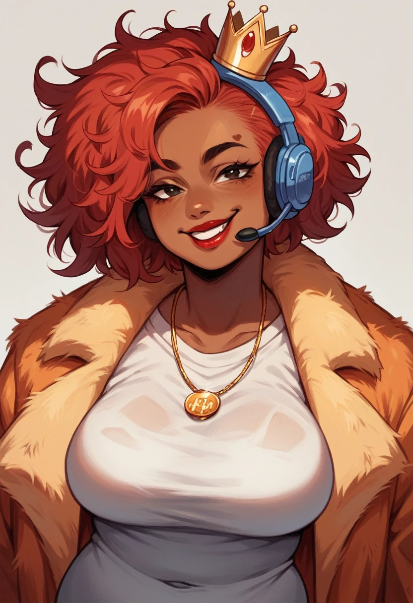 chubby black woman, african skin, redhair, red hair, messy hair, white t-shirt, orange fur coat, red lipstick, golden headset in the shape of a crown, naughty smile