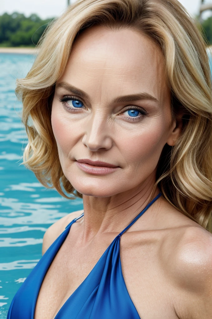 Jessica lange, goddess in, portrait to waist, blue eyes, high detail, picture for the competition, correct facial features, Super details. A blond girl who loves swimming.