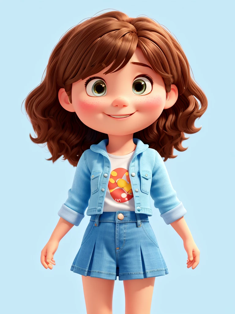 girl character
playfully, disney pixar style,
3d, very small, with hair
brown, pleated denim skirt,
all type sneakers
Star happy face, blue coat, with
light blue background
white, 8k quality