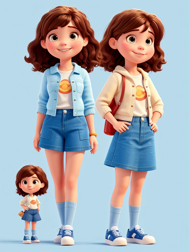 girl character
playfully, disney pixar style,
3d, very small, with hair
brown, pleated denim skirt,
all type sneakers
Star happy face, blue coat, with
light blue background
white, 8k quality