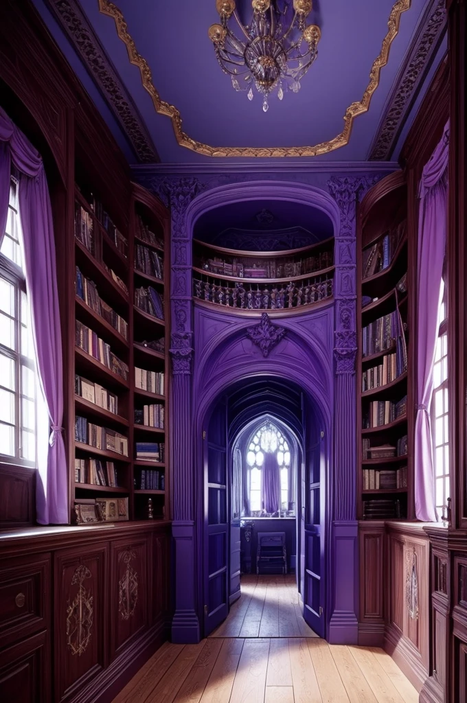 goth girl room in a castle with two floors and a lot of bookshelves, blue and purple colors