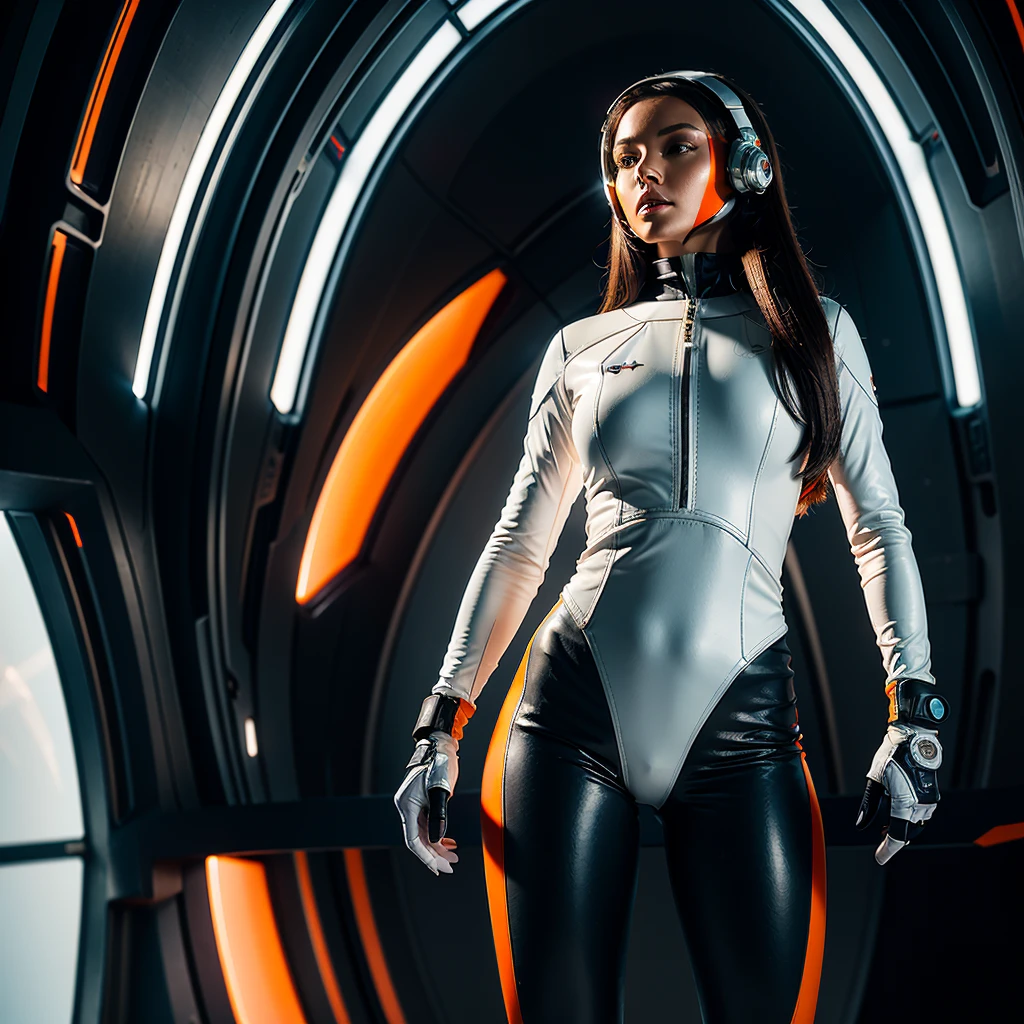 half body view of a beautiful space female wearing a futuristic astronaut helmet with visor covering her face, wearing a tight sexy white space outfit with orange patterns, long black hair with highlights, long leather gloves, on a futuristic platform with a starship in the sunset hour, soft light