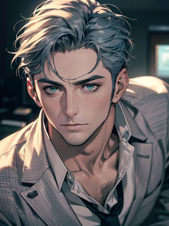 (best quality,4k,8k,highres,masterpiece:1.2),ultra-detailed,(realistic,photorealistic,photo-realistic:1.37),cinematic lighting,hdr image,1 man,31 years old,mature man,very handsome,without expression,serious,short grey blue hair,green eyes,penetrating gaze,imposing posture,businessman,office background