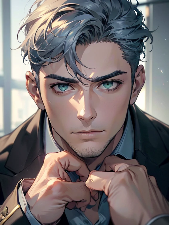 (best quality,4k,8k,highres,masterpiece:1.2),ultra-detailed,(realistic,photorealistic,photo-realistic:1.37),cinematic lighting,hdr image,1 man,31 years old,mature man,very handsome,without expression,serious,short grey blue hair,green eyes,penetrating gaze,imposing posture,businessman,office background