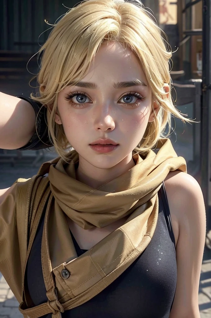 a young girl with short yellow hair, wearing a scarf around his neck, sexy, hot, full of sweat, taking a selfie, photorealistic, 8k, HDR, ultra-detailed, highly detailed face, extremely detailed eyes and lips, beautiful detailed eyes, beautiful detailed lips, longeyelashes, sharp focus, vivid colors, studio lighting, physically-based rendering, portrait