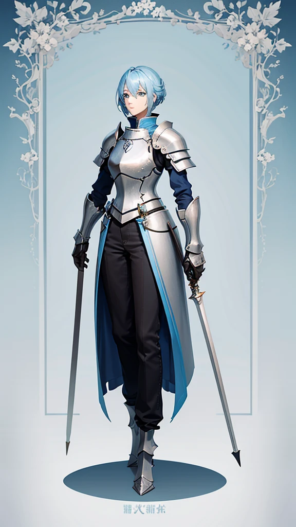 Light blue hair, female knight, tall, Handsome, Full body side view, View Viewer, Pure white background