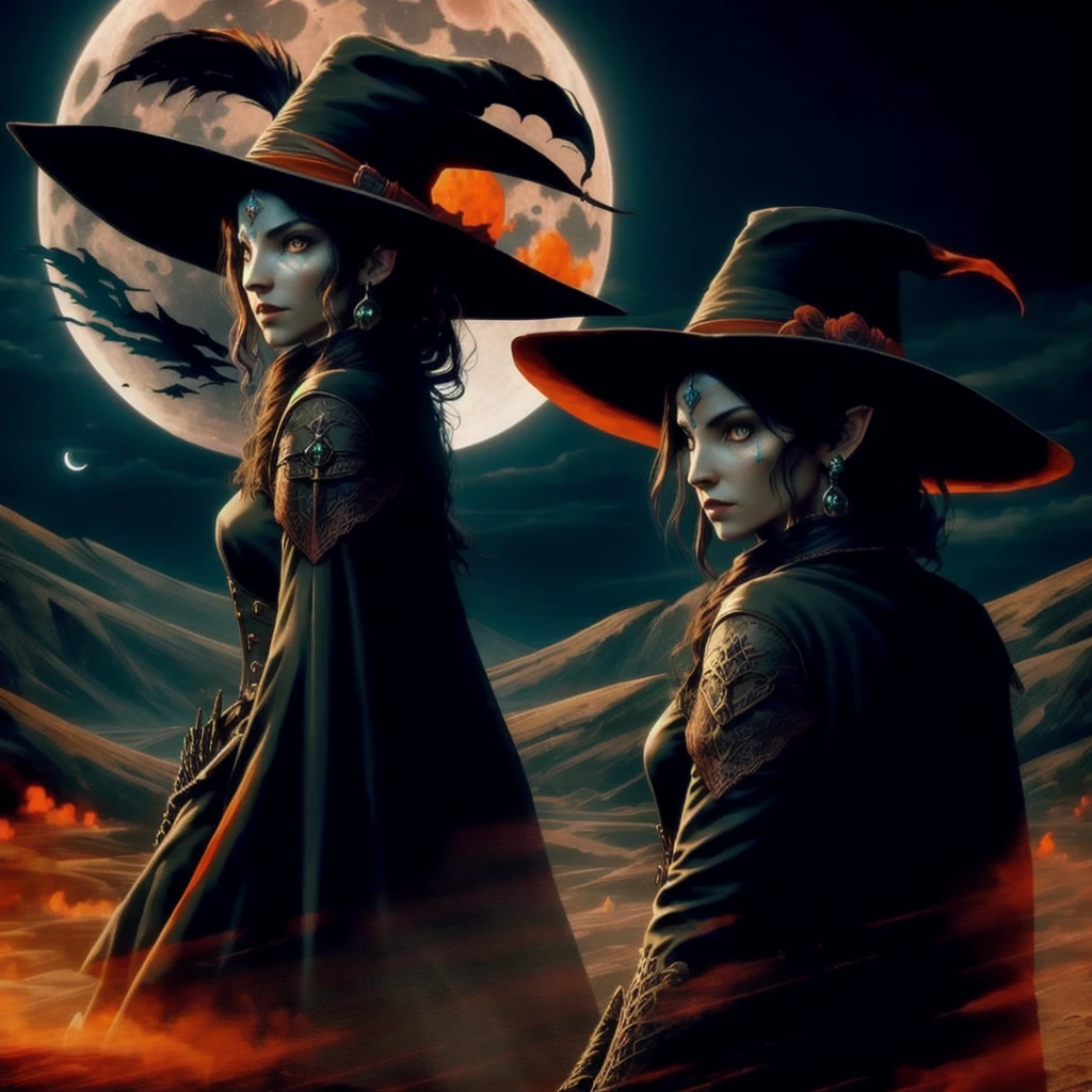 (digital art, avatar image:1.2), striking silhouette of a witch, cowboy attire with a wide-brimmed hat, standing boldly in front of a full moon, (epic red-orange moonlight:1.2), eerie and enchanting atmosphere, scarecrow looming in the background, mysterious and alluring, beautiful and terrifying contrast, captivating details in the witch's outfit, intricate lace and leather, beautiful iPhone wallpaper, dark and high noon setting, dramatic shadows, intense mood, dynamic composition, captivating and otherworldly.