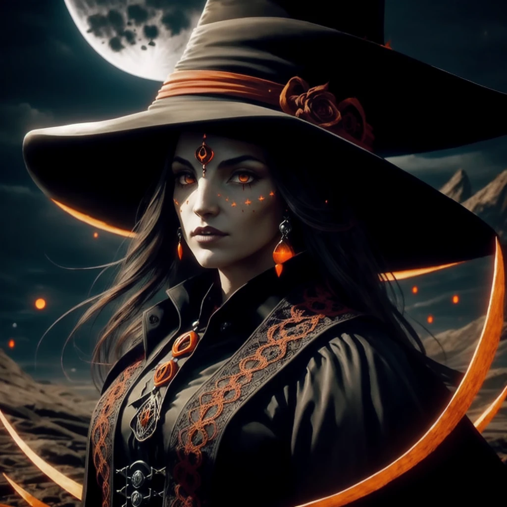 (digital art, avatar image:1.2), striking silhouette of a witch, cowboy attire with a wide-brimmed hat, standing boldly in front of a full moon, (epic red-orange moonlight:1.2), eerie and enchanting atmosphere, scarecrow looming in the background, mysterious and alluring, beautiful and terrifying contrast, captivating details in the witch's outfit, intricate lace and leather, beautiful iPhone wallpaper, dark and high noon setting, dramatic shadows, intense mood, dynamic composition, captivating and otherworldly.