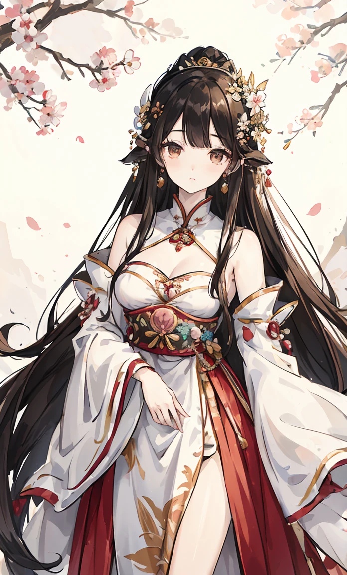 (masterpiece:1.2),From horses, 1 plump girl, alone, branch, Flowers Bloom, gem, skirt, ear nipple ring, The Tree, Through the bangs, Long white hair, hair ornaments, Displaying the viewer, Chinese clothing, Black Hair Color, Hair Flower, Brown Hair, Exposed bare shoulders, Very long hair, Wide sleeves, Long sleeves
