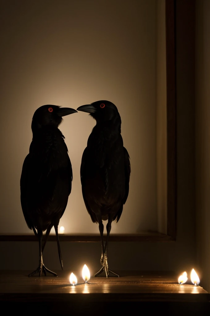 Two crows standing on a table, inside a dark room that is illuminated by the light of several candles, the female is small in size, the male is large in size, They both have red eyes and are brothers.