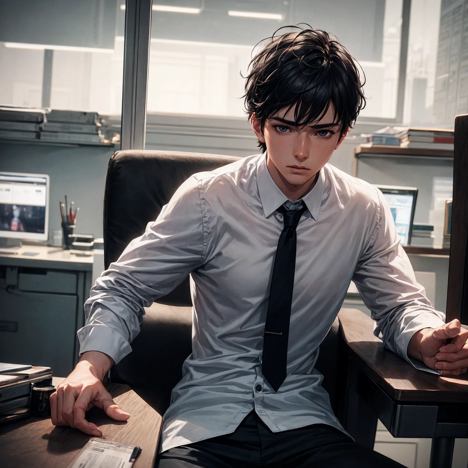 a 21 year old man in a white buttoned long sleeve shirt with black tie, japanese anime style, detailed facial features, hyper realistic, 8k, photorealistic, masterpiece, extremely detailed, dramatic lighting, moody atmosphere, cinematic composition, in an office, sitting in an office chair