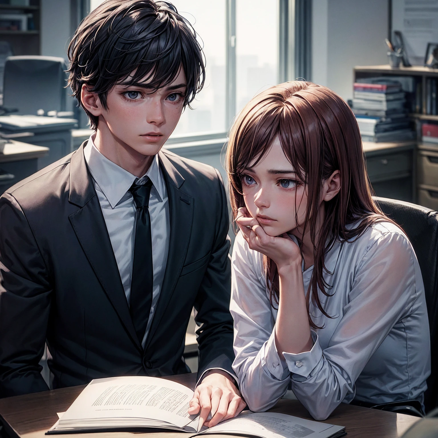a 21 year old man in a white buttoned long sleeve shirt with black tie, japanese anime style, detailed facial features, hyper realistic, 8k, photorealistic, masterpiece, extremely detailed, dramatic lighting, moody atmosphere, cinematic composition, in an office, sitting in an office chair