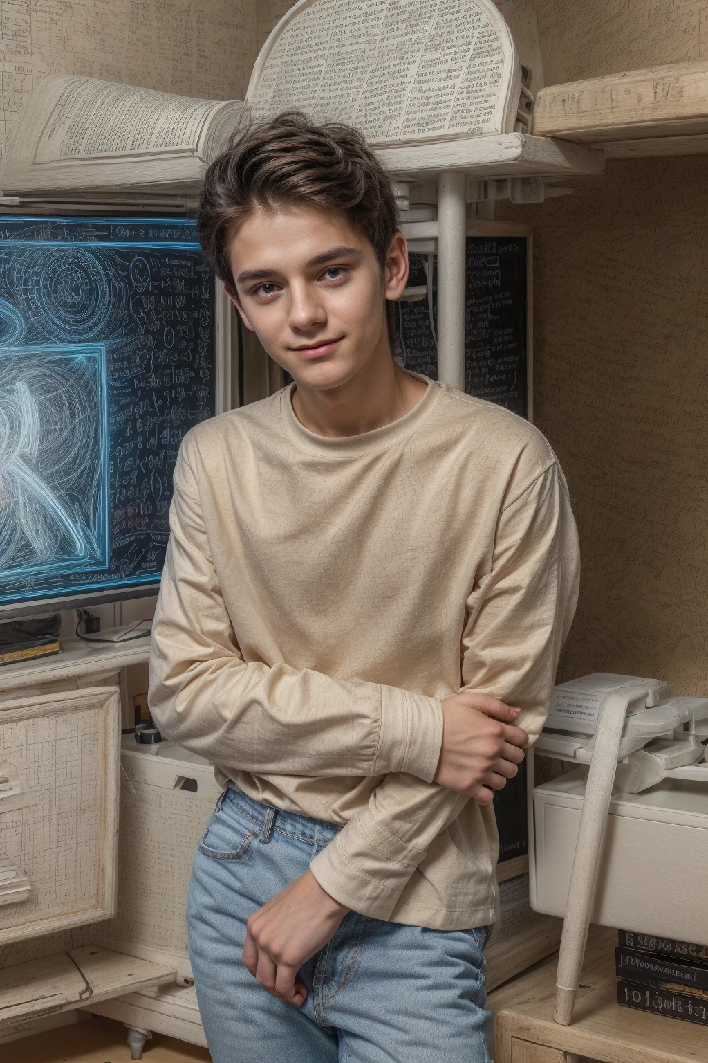 A beautiful young man, a cute male twink, with black hair, wearing a white long-sleeved shirt and jeans, and he is in his office, and behind him is a blackboard with calculus written on it, and neon energy comes out of the blackboard, and he looks on proudly.
