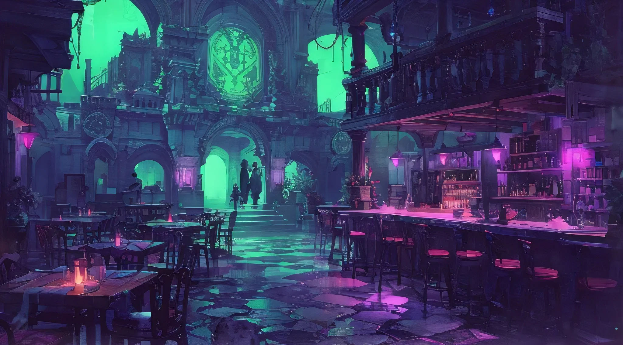 a cultist's cafeteria, dark fantasy, a large cafeteria with long tables, stained glass windows, candles, hooded cultists dining, occult symbols on the walls, dim lighting, moody atmosphere, (best quality,4k,8k,highres,masterpiece:1.2),ultra-detailed,(realistic,photorealistic,photo-realistic:1.37),dark mood, cinematic composition, dramatic lighting, brooding atmosphere, occult symbolism, intricate details