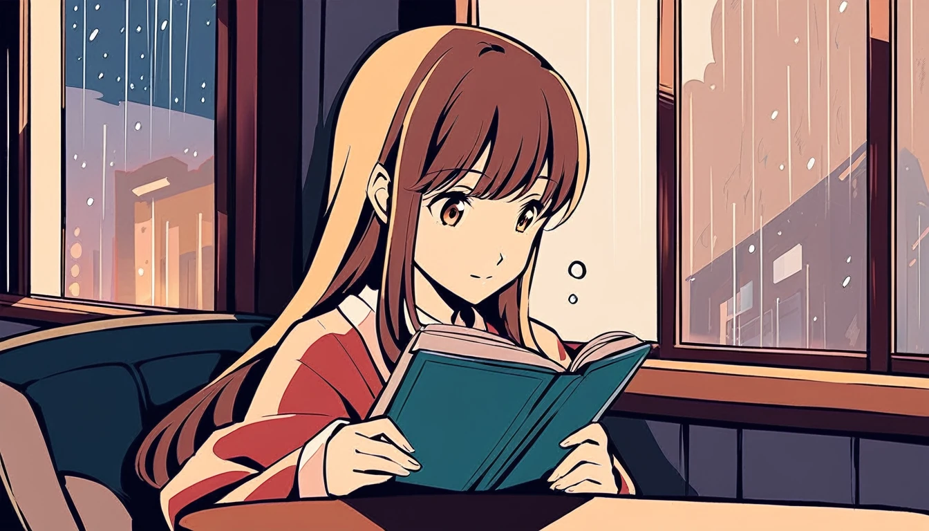 Scene of a cafe with rain falling outside the window, a girl is reading a book while drinking hot chocolate at a window seat, warm light and calm expression are impressive, Japanese anime style