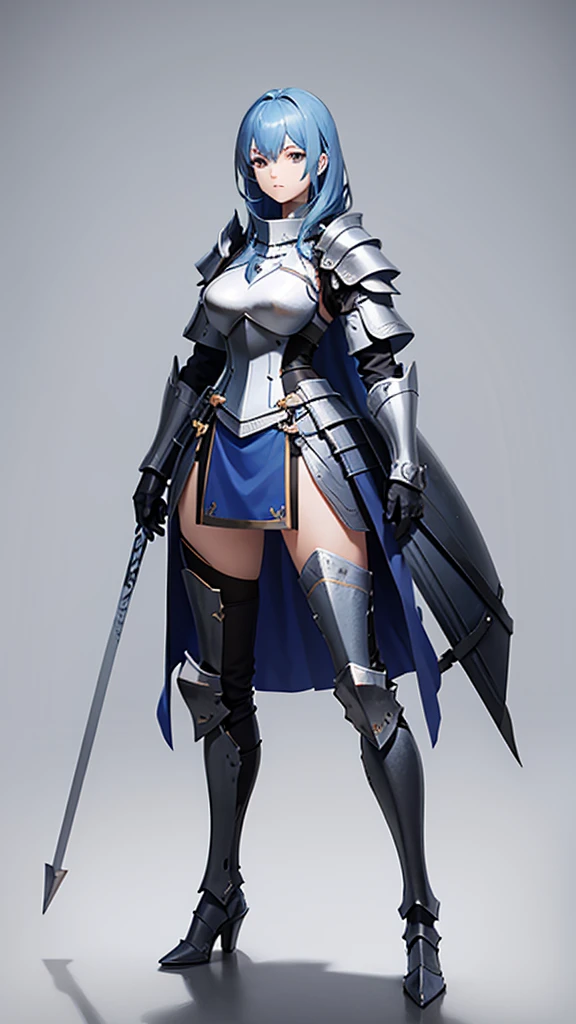 female knight, Blue Hair, tall, Full body side view, View Viewer, Pure white background