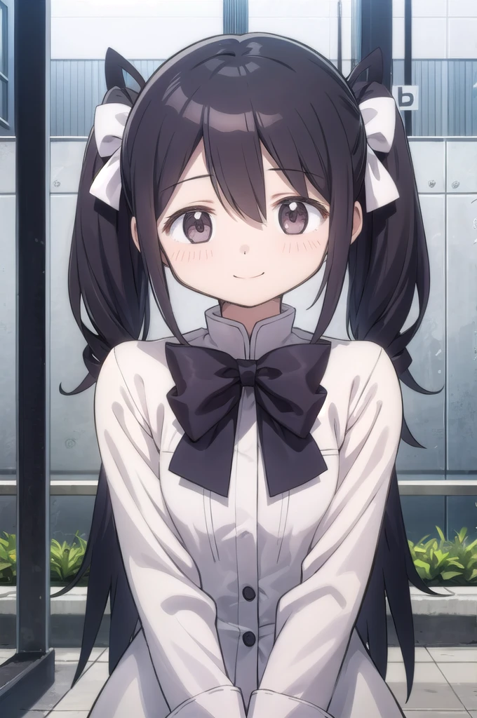 1 girl, black hair, twin drills, white skin, cute 14 year old girl, black and white, cute smile, gray eyes,