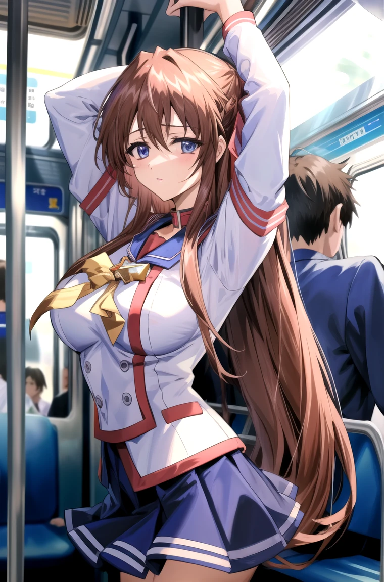 One knee up、Sitting in a red train seat, (Spread your legs),The guy behind me spreads my legs、 (White panties), Blue jacket, Blue suit , Red bow tie, (Blue pleated skirt), White shirt, (Background inside the train), sunny, Kamiki Mirai, Mature Woman, Anime cel style, highest quality, High resolution, One girl, (Large Breasts:1.2), Beautiful Face, Beautiful fingers, Beautiful long legs, Beautiful body, Beautiful Nose, Beautiful character design, Brown Hair, Long Hair, bangs, blue eyes, View Viewer, Cowboy Shot, blush、Embarrassed look、Nipples are visible、