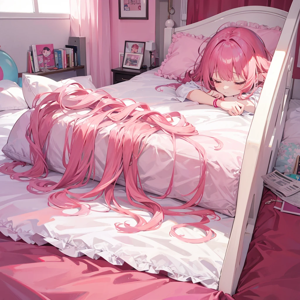 cute girl with long pink curly hair, sleeping in a bed, room, day, 8k