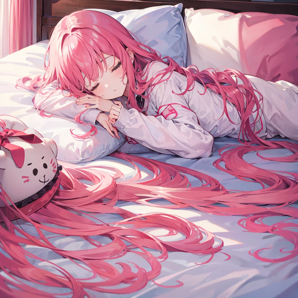 cute girl with long pink curly hair, sleeping in a bed, room, day, 8k