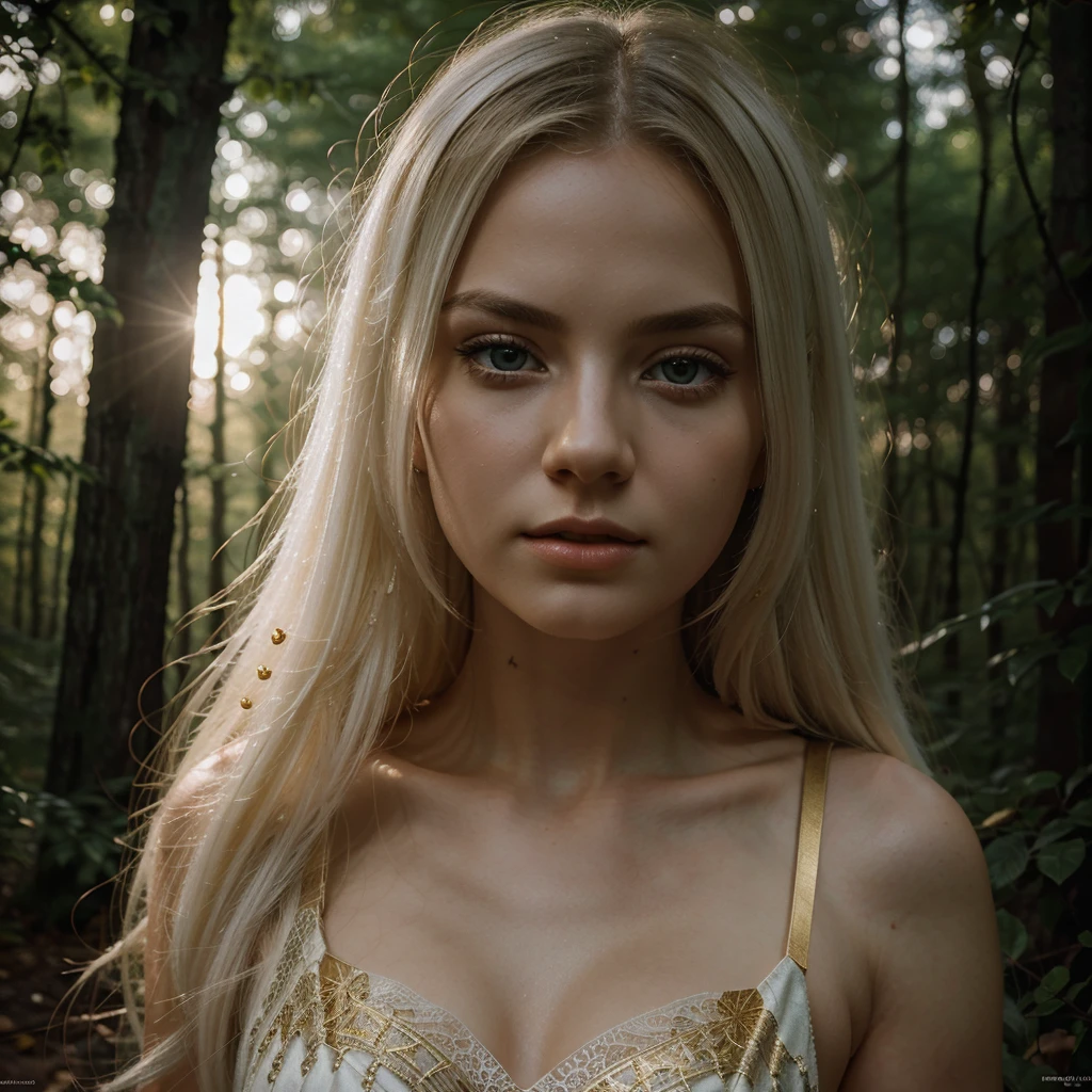 A spectacular girl with long white hair., White skin, and red eyes, In a forest with cinematic lighting., dark and dimly lit. She wears a white dress with gold tones., his eyes focused, looking at the viewer. His skin is clear, her delicate and impeccable face, A masterpiece, a work of art of the highest quality. The image is an incredibly detailed 8K CG wallpaper., with artistic cinematic lighting and cinematic tones with a neutral filter. She's in a bra