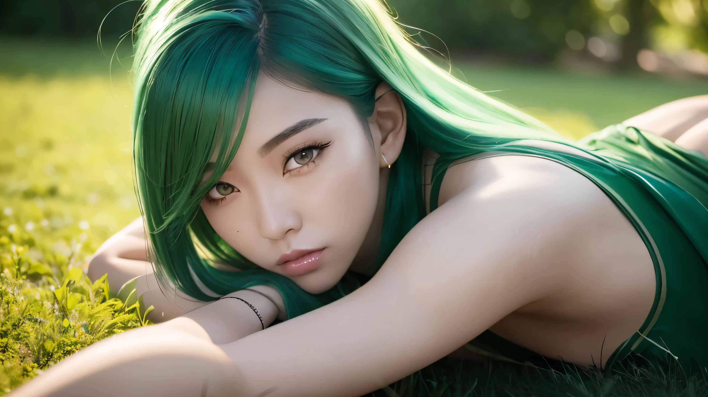 arafed woman with hair green laying on the grass in a park, photorealistic anime, 8k art german bokeh, artgerm lau, anime girl in real life, hyper realistic anime, Ross Tran 8K, 极其详细的Artgerm, range murata and artgerm, hair green, realistic anime art style, such as ArtGerm