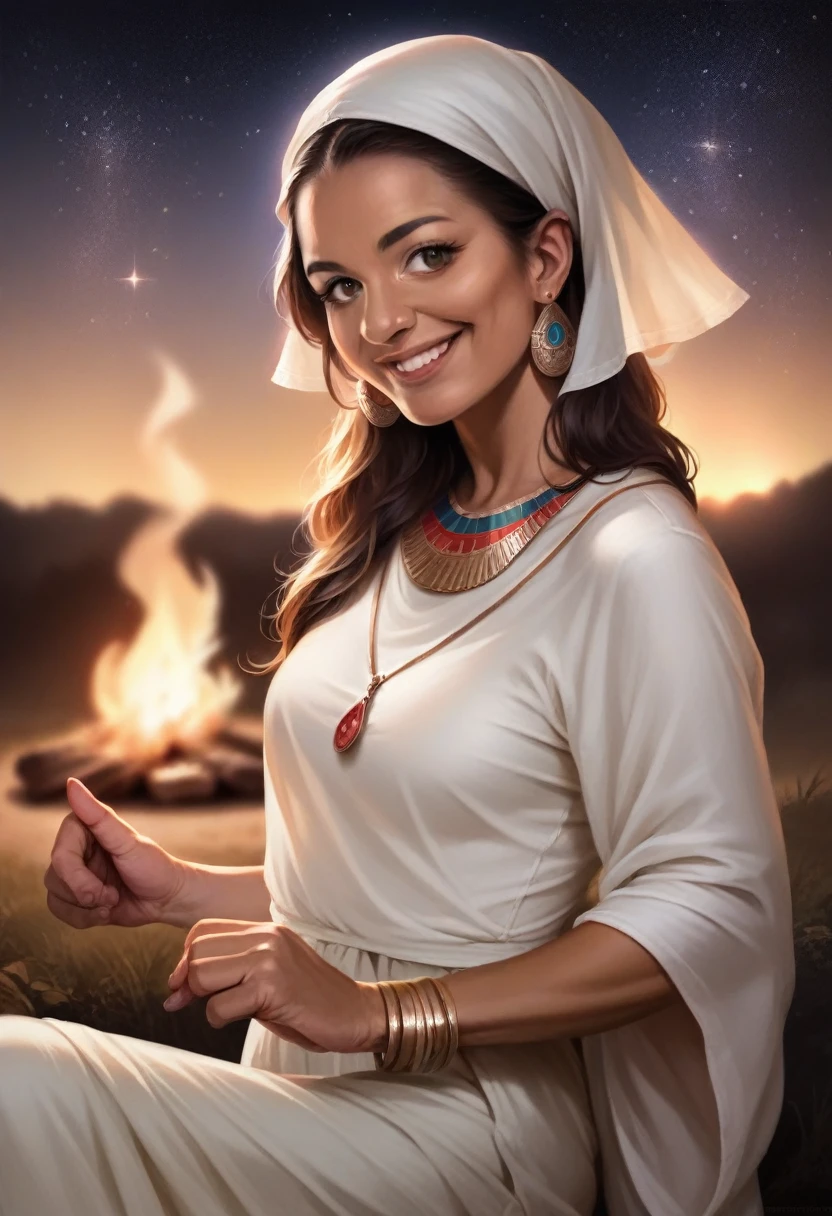 a 40 year old gypsy woman, dancing the oriental dance, sunset, strong and tanned, brown eyes, long golden hair, enchanting big smile, short red and white clothes, headscarf, earrings, necklace and bracelet, starry sky, campfire, (best quality,8k,highres,masterpiece:1.2),ultra-detailed,(realistic,photorealistic,photo-realistic:1.37),portrait,cinematic lighting