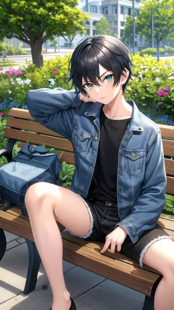 masterpiece, best quality, high quality, 1boy, solo, 14-year-old boy,evil boy,male focus, looking at viewer , black hair, old-school swoop haircut,blue jean jacket,black shorts, emerald eyes, sitting on a bench 