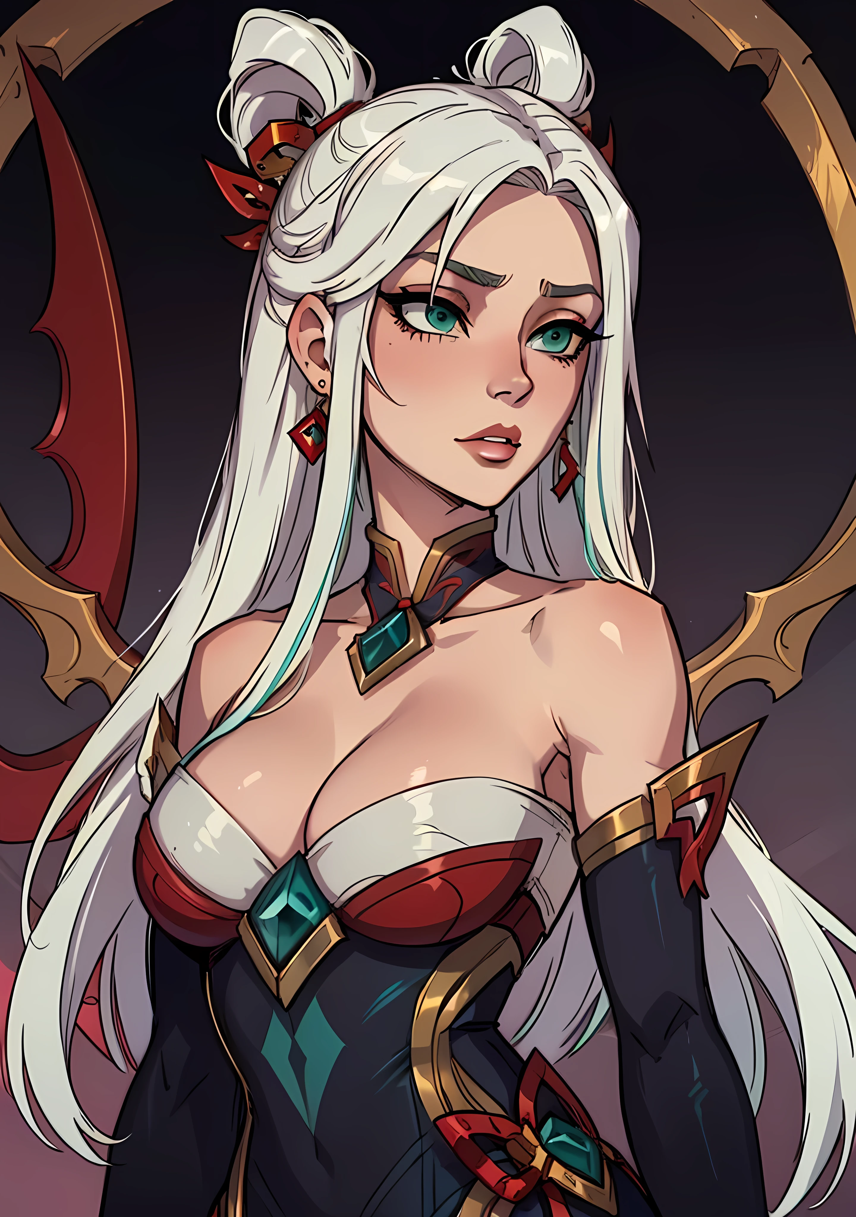masterpiece, best quality, 1female, face portrait, beautiful, shy, mythmaker irelia, hair ornament, hair rings, bare shoulders, dress, detached sleeves, multicolored hair, white hair, earrings, green eyes