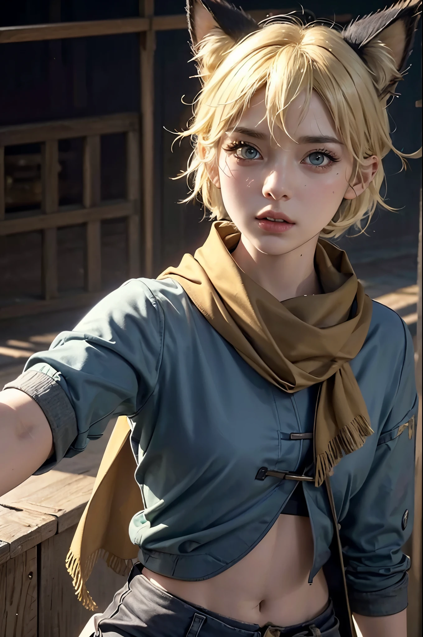 a young girl with short yellow hair, dryer cat ears , wearing a scarf around his neck, sexy, hot, full of sweat, taking a selfie, photorealistic, 8k, HDR, ultra-detailed, highly detailed face, extremely detailed eyes and lips, beautiful detailed eyes, beautiful detailed lips, longeyelashes, sharp focus, vivid colors, studio lighting, physically-based rendering, portrait