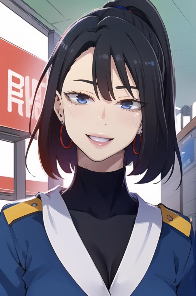 nari , blue eyes, black hair, short hair, big breasts,big hoop earrings ,hair ponytail , lipstick , police uniform , smiling