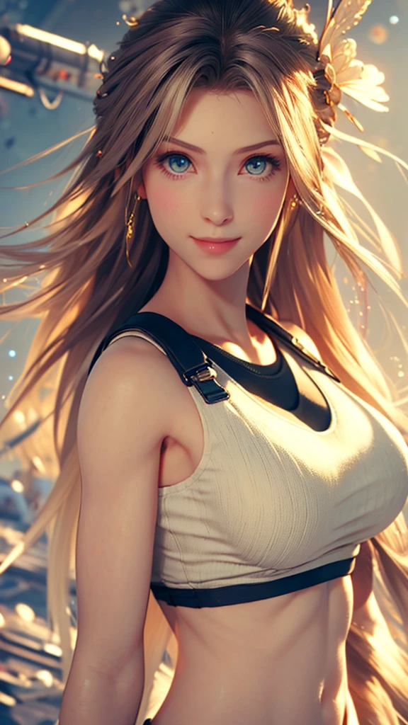 ((Highest quality, 8K, masterpiece :1.3)), One girl, Beautiful woman with well-defined abdominal muscles: 1.3, whole body, (Long Hair, Big Breasts: 1.2), Oversized tank top: 1.2, Very delicate face, Delicate eyes, double eyelid, smile, Home, Random color clothes