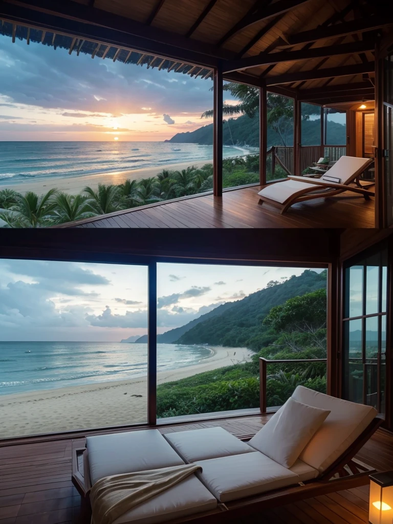 Imagine staying in a Thai-style beach cottage right on the shore, offering breathtaking views of the sunset. The sky is overcast, with a hint of dusk's darkness setting in. This cottage features large, expansive windows that provide an excellent and unobstructed view of the outside. The surroundings are adorned with beautiful, large forest trees, and the beach is covered with white sand. In the distance, a rainbow completes this magical scene. A girl is lounging on a chair, facing the beach, and enjoying the view. The sky is darkening, and it's raining heavily.