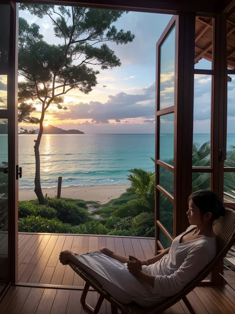 Imagine staying in a Thai-style beach cottage right on the shore, offering breathtaking views of the sunset. The sky is overcast, with a hint of dusk's darkness setting in. This cottage features large, expansive windows that provide an excellent and unobstructed view of the outside. The surroundings are adorned with beautiful, large forest trees, and the beach is covered with white sand. In the distance, a rainbow completes this magical scene. A girl is lounging on a chair, facing the beach, and enjoying the view. The sky is darkening, and it's raining heavily.