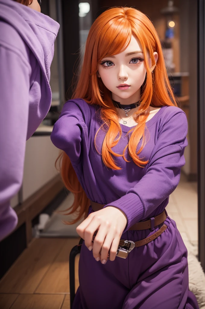 Game 8 bit, cute character, purple clothes, orange hair, brown eyes, rpg