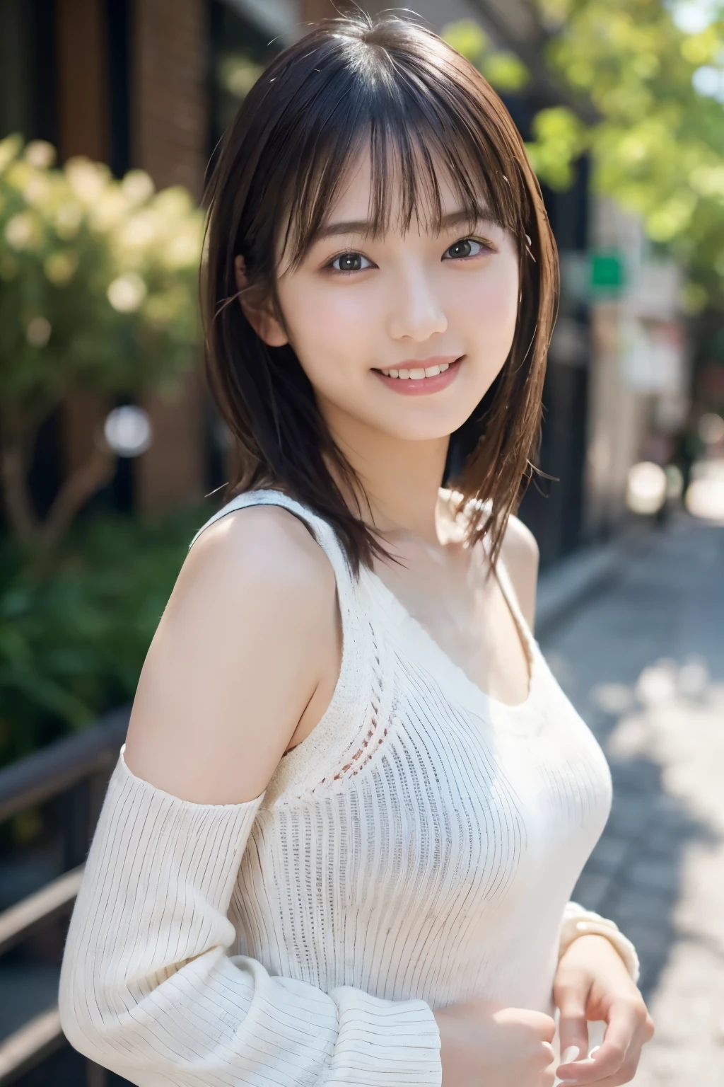 1 Girl, (Wearing a white summer sweater:1.2), Very beautiful Japanese idol portraits, 
(RAW Photos, Highest quality), (Realistic, Realistic:1.4), (masterpiece), 
Very delicate and beautiful, Very detailed, 2k wallpaper, wonderful, finely, Very detailed CG Unity 8K 壁紙, Very detailed, High resolution, Soft Light, 
Beautiful detailed girl, Very detailed目と顔, Beautiful and sophisticated nose, finelyて美しい目, Cinema Lighting, 
(I am doing gravure shoots for fashion magazines..:1.3), (Outdoor),
(Medium Hair), 
Complete Anatomy, Slender body, Small breasts, smile