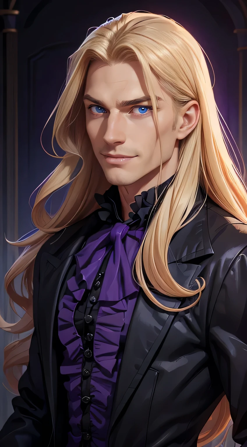 ((man)) (male), perfect face, evil smile, insane, crazy, black raincoat, Black suit, one young male, beautiful long hair, blond hair, Blue eyes, purple victorian shirt, purple frill, Beautiful face, Pure blond straight hair, (long hair), detailed hair, Blue eyes, Beautiful eyes