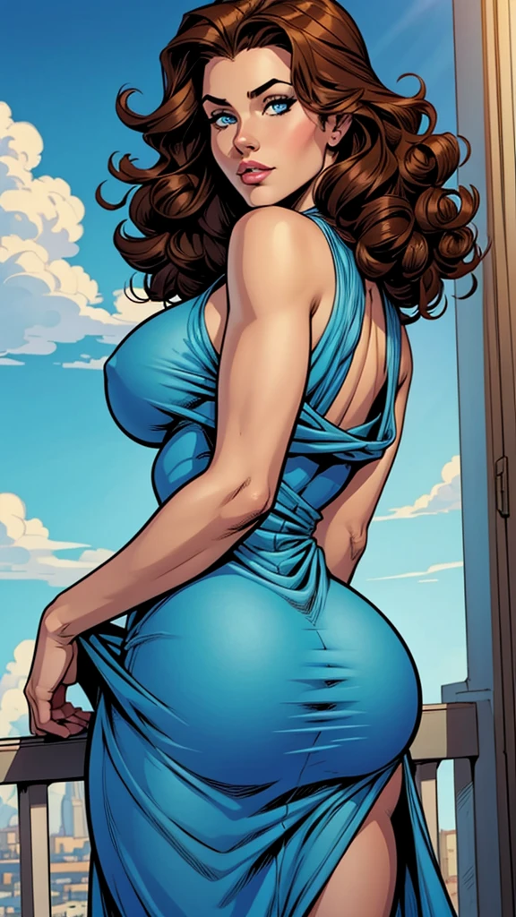 beautiful woman , 21 years old , very beautiful, blue eyes, curly brown hair, elegant sky blue dress, big ass, busty. Comic style. Marvel comics style 