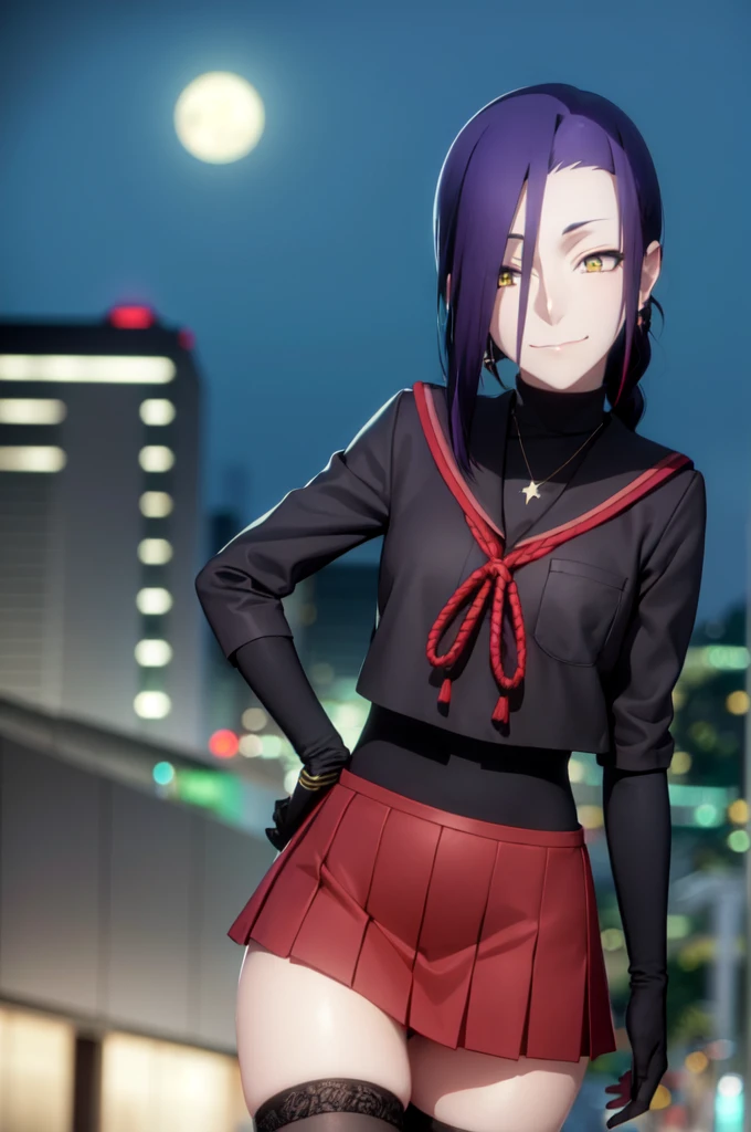 maganechikujouin, magane chikujouin, long hair, purple hair, braid, single braid, (hair over one eye:1.5), (yellow eyes:1.3), smile, grin,
BREAK skirt, thighhighs, gloves, jewelry, , earrings, serafuku, black gloves, black thighhighs, necklace, zettai ryouiki,
BREAK outdoor, city, night, sky, buildings, moon, clouds,
BREAK looking at viewer, (cowboy shot:1.5),
BREAK (masterpiece:1.2), best quality, high resolution, unity 8k wallpaper, (illustration:0.8), (beautiful detailed eyes:1.6), extremely detailed face, perfect lighting, extremely detailed CG, (perfect hands, perfect anatomy),