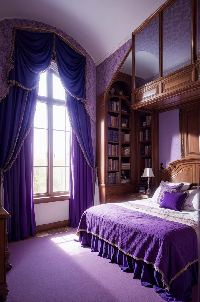 Goth castle girl's bedroom with a big window, bookshelves and heavy curtains blue and purple decorations and two floors