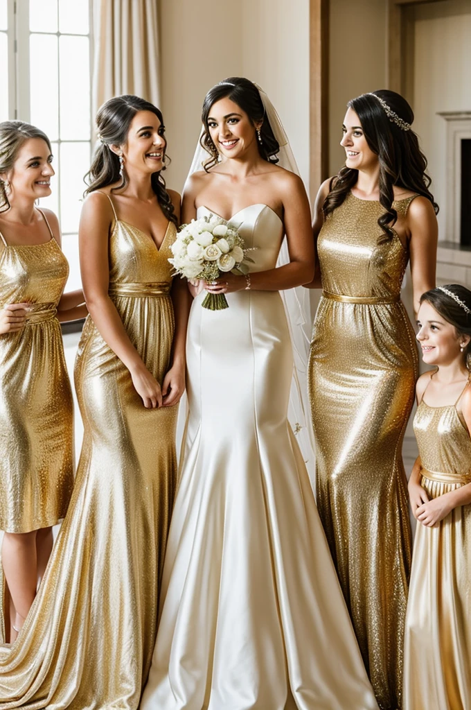 Four bridesmaids in gold dresses and a girl in a wedding dress