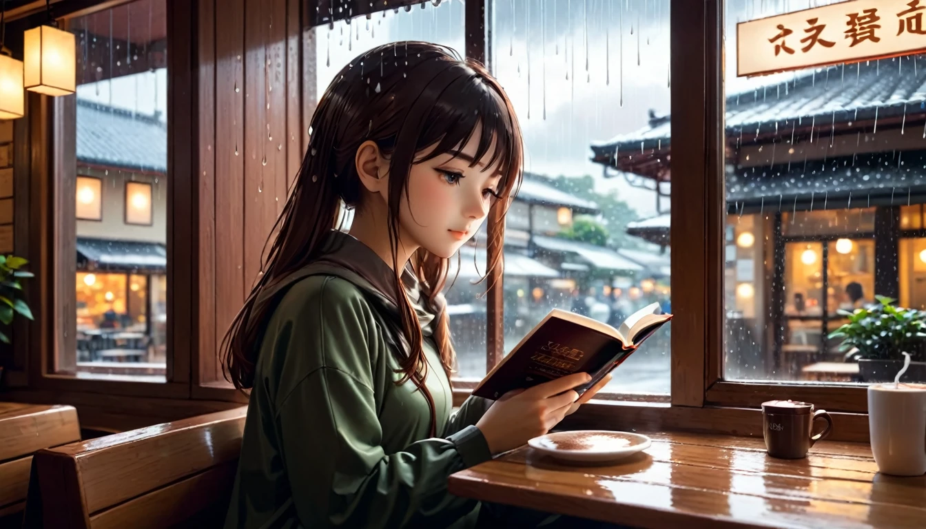 Scene of a cafe with rain falling outside the window, a girl is reading a book while drinking hot chocolate at a window seat, warm light and calm expression are impressive, Japanese anime style