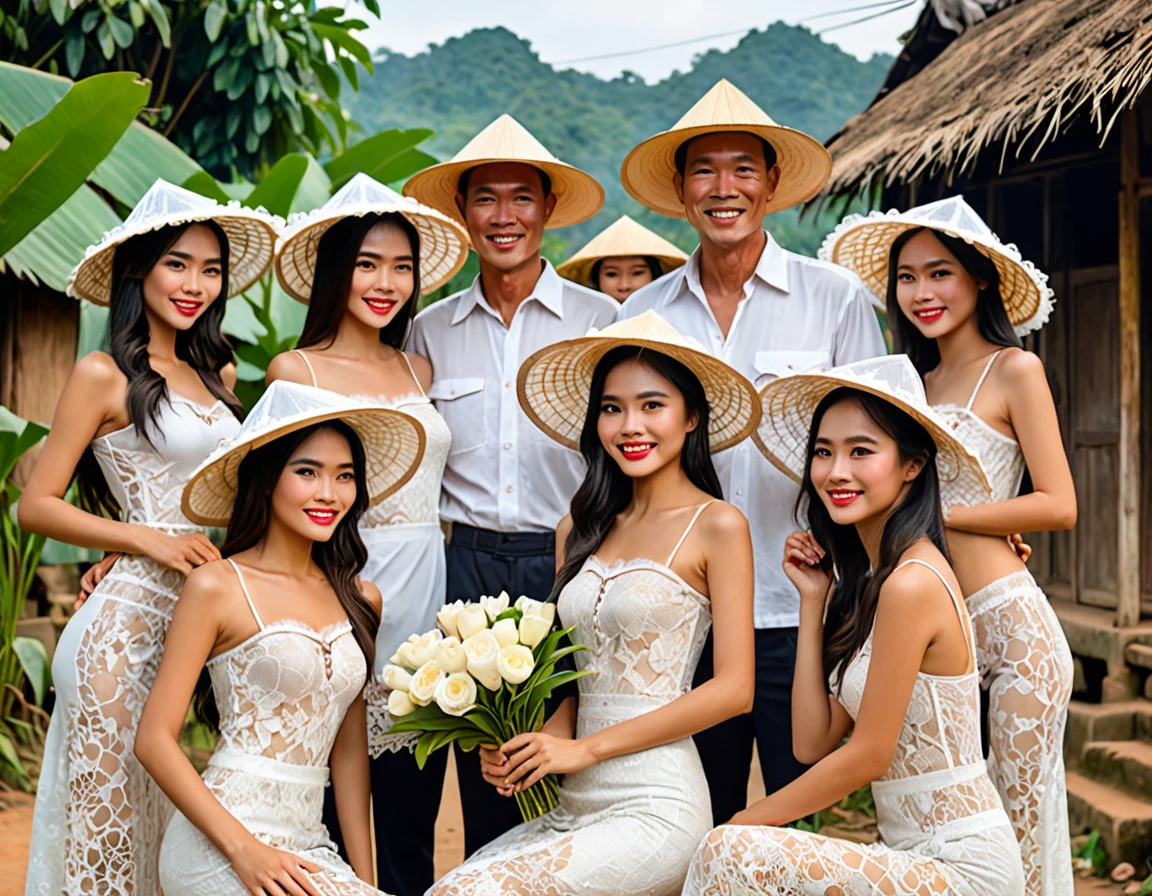 A charismatic man, exuding confidence and charm, stands surrounded by seven young Vietnamese women dressed in white lace outfits and farmer's hats. Some gently place their hands on his shoulders or body, creating an intimate and intriguing scene. In the background, a quaint Vietnamese village hut completes the setting. This captivating image, whether a painting or photograph, is rich in detail, with vibrant colors and a sense of story unfolding. The composition is impeccable, offering a glimpse into a moment of connection and intrigue.