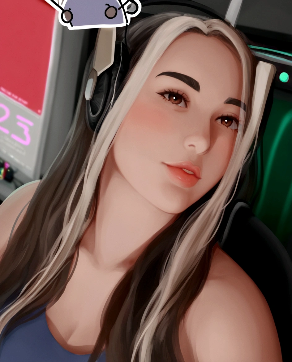 (((illustration)), (Depth of field: 1.2),standing alone,dynamic angle,1 girl,Hacker beautiful 28 year old girl with medium skin, Inside the house, hall, Dim hall, Sci-fi, neon, neon Lights, Computer hall, Gaming Headphones, Computer equipment, Server hall Background, display lights, Monitors, (LED Monitors, surrounded by multiple display Monitors: 1.5), gaming chair, dark haired, 2 mechas de cabelo brancas na parte da 正面, long hair, lightweight cyber clothing, energetic drinks, cables, messy room, 正面, fund. bushy eyebrows, dark brown eyes
