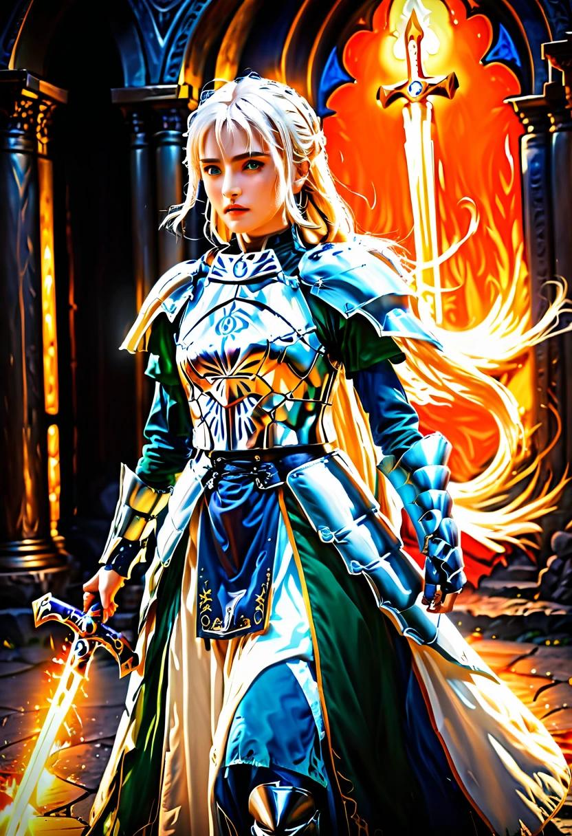 fantasy art, dnd art, RPG art, wide shot, (masterpiece: 1.4) portrait, intense details, highly detailed, photorealistic, best quality, highres, portrait a vedalken female (fantasy art, Masterpiece, best quality: 1.3) ((blue skin: 1.5)), intense details facial details, exquisite beauty, (fantasy art, Masterpiece, best quality) cleric, (blue colored skin: 1.5) 1person blue_skin, blue skinned female, (white hair: 1.3), long hair, intense green eye, fantasy art, Masterpiece, best quality) armed a fiery sword red fire, wearing heavy (white: 1.3) half plate mail armor CM-Beautiful_armor wearing high heeled laced boots, wearing an(orange :1.3) cloak, wearing glowing holy symbol GlowingRunes_yellow, within fantasy temple background, reflection light, high details, best quality, 16k, [ultra detailed], masterpiece, best quality, (extremely detailed), close up, ultra wide shot, photorealistic, RAW, fantasy art, dnd art, fantasy art, realistic art, ArmoredDress, Cinematic Hollywood Film, GlowingRunesAI_paleblue